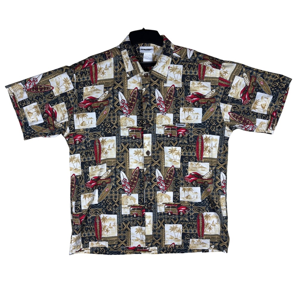 Murf Wear Mens Hawaiian Shirt Surf Woody Wagon Tropical Print Brown‎ Red Large